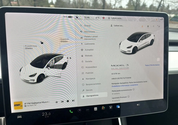 Tesla Model 3 cena 149000 przebieg: 45000, rok produkcji 2020 z Częstochowa małe 121